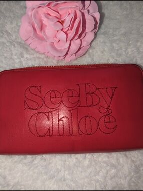 See By Chloe Leather Red Large Zip Around Long Wallet Holds Phone